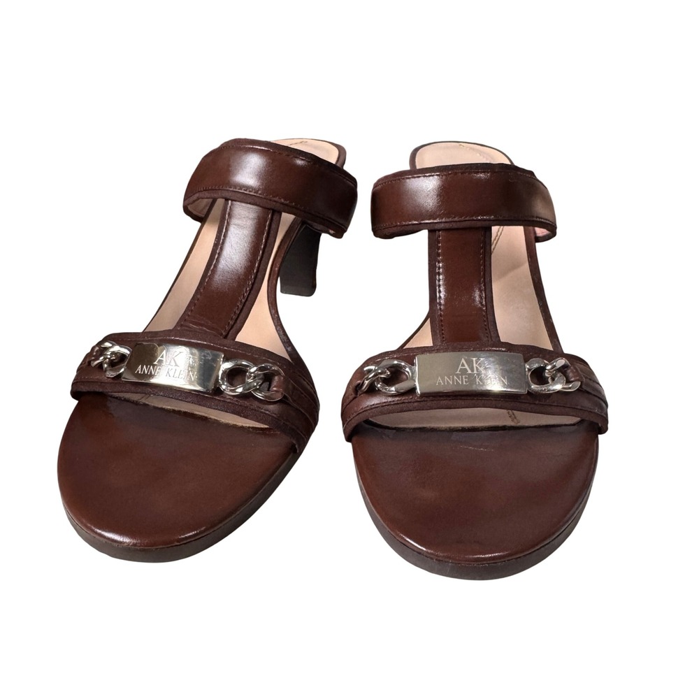 Anne Klein iflex Womens Brown Leather‎ T-Strap Heeled Mules Silver Hardware 8.5M